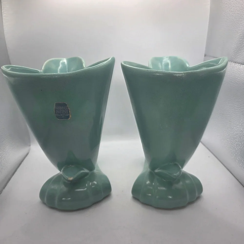 Pair Monmouth Pottery Aqua Green Cornucopia Vases Planters Art Deco USA